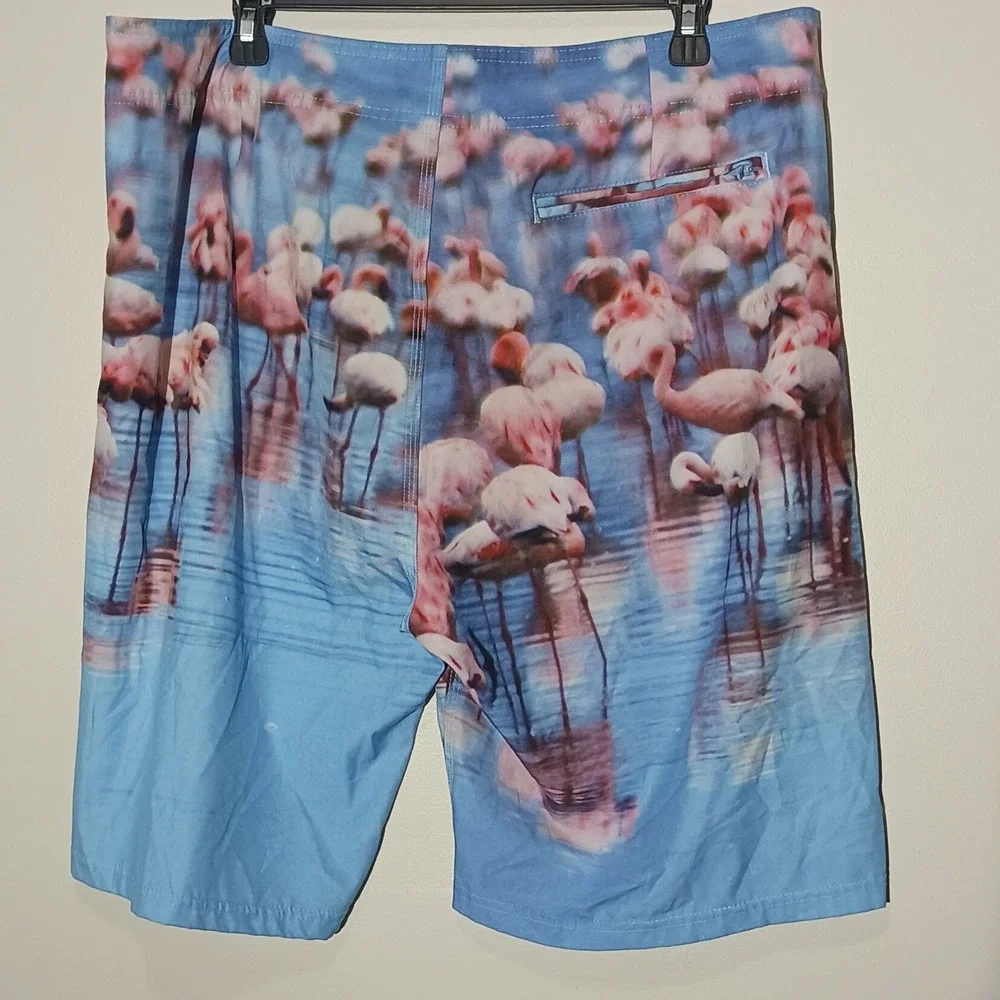 Old Navy California Mens Flamingo Print Board Shorts Blue Pink 36 Swim Trunks